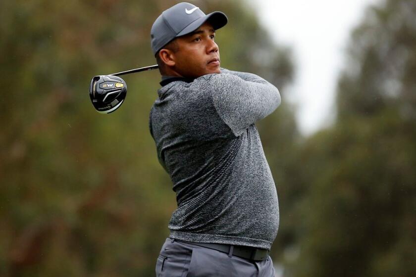 Jhonattan Vegas tees off on the ninth hole during the second round of the Genesis Open at Riviera Country Club on Friday.