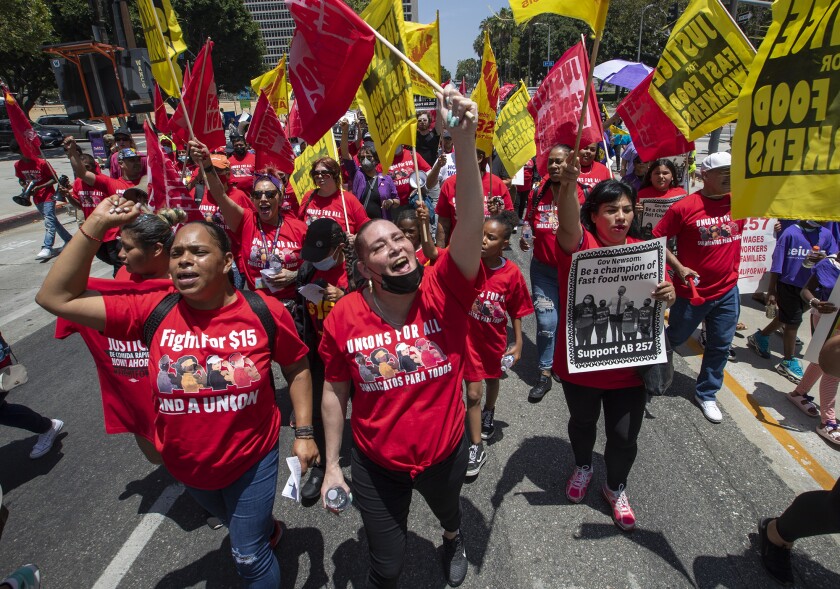 A rally of fast food workers and supporters for passage of AB 257, a fast-food worker health and safety bill, on Thursday.