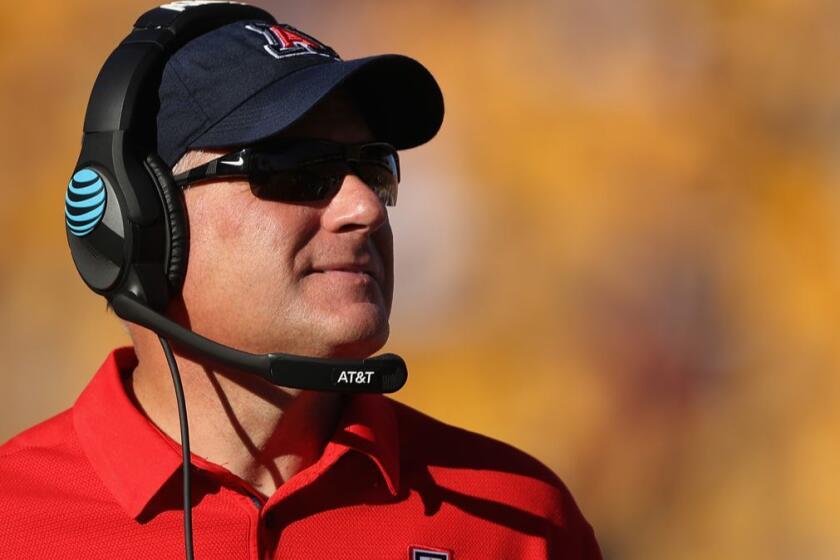 TEMPE, AZ - NOVEMBER 25: Head coache Rich Rodriguez of the Arizona Wildcats watches from the sidelines during the first half of the college football game against the Arizona State Sun Devils at Sun Devil Stadium on November 25, 2017 in Tempe, Arizona. (Photo by Christian Petersen/Getty Images) ** OUTS - ELSENT, FPG, CM - OUTS * NM, PH, VA if sourced by CT, LA or MoD **