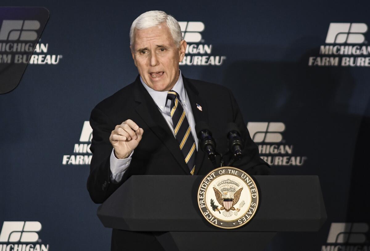Vice President Mike Pence speaks Feb. 25 to the Michigan Farm Bureau in Lansing, Mich.