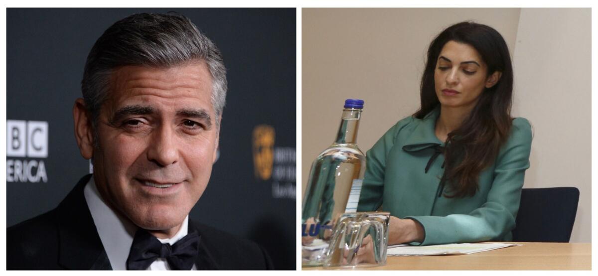 File photos show George Clooney, left, attending the 2013 BAFTA LA Jaguar Britannia Awards and Amal Alamuddin attending a press conference in London in 2012.