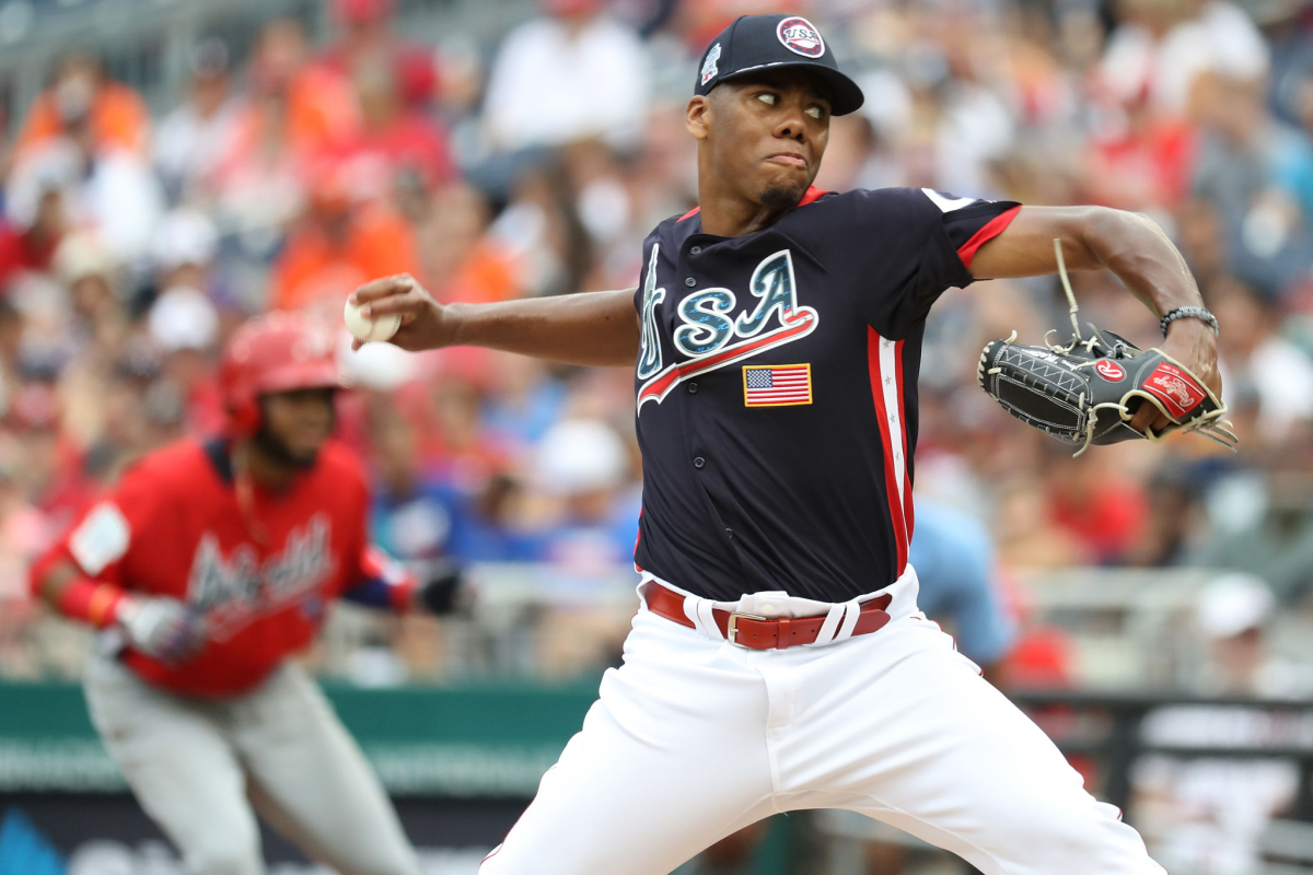 Cincinnati Reds prospect Hunter Greene pitches during the 2018 All-Star Futures Game at Nationals Park.