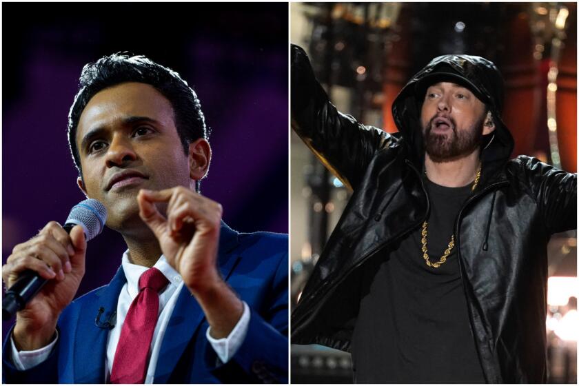 Split: left, Vivek Ramaswamy wears a blue blazer, white shirt and red tie as he speaks into a mic; right, Eminem wears black 
