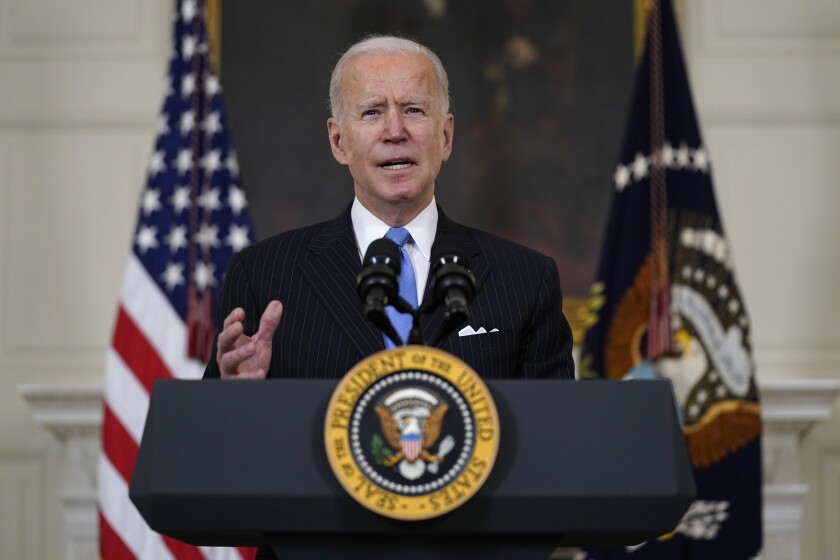 President Joe Biden speaks about efforts to combat COVID-19, in the State Dining Room of the White House, Tuesday, March 2, 2021, in Washington. (AP Photo/Evan Vucci)