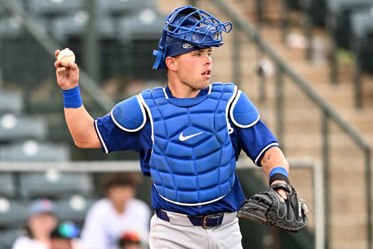 Catcher Dalton Rushing throws the ball back to the pitcher during a spring training game in March 2024.