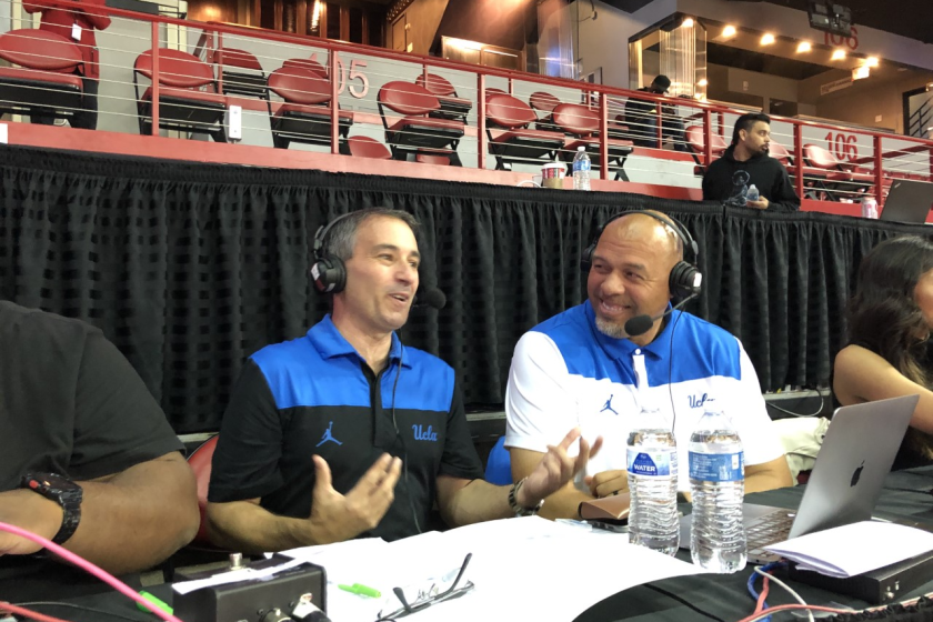 NOVEMBER 27, 2021: Josh Lewin and broadcast partner Tracy Murray prepare to call UCLA's game.