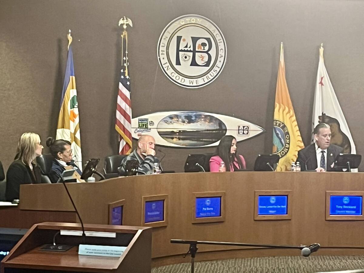 Members of the Huntington Beach City Council discuss Mayor Pro Tem PAt Burns' agenda item at Tuesday night's meeting.