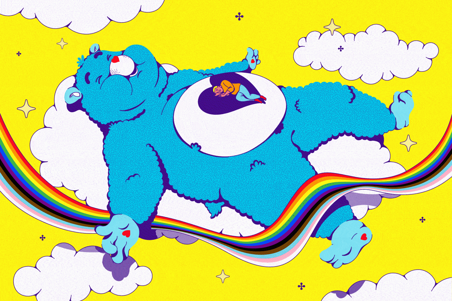 Man curled up on a huge blue teddy bear floating on a cloud.