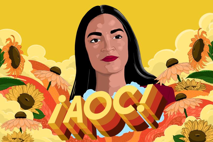 Alexandria Ocasio-Cortez surrounded by flowers.