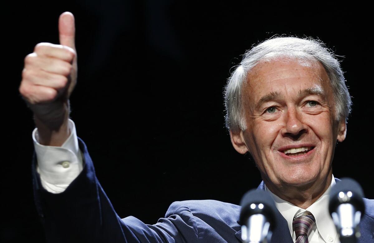 Sen. Edward Markey (D-Mass.) gives a thumbs-up while speaking at the Massachusetts state Democratic Convention in Lowell, Mass.