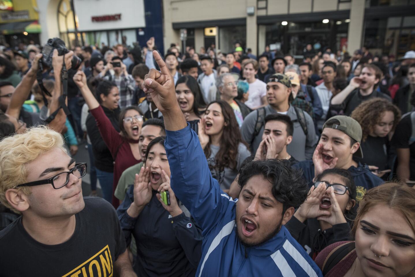 Protesters rally at Zellerbach Hall.