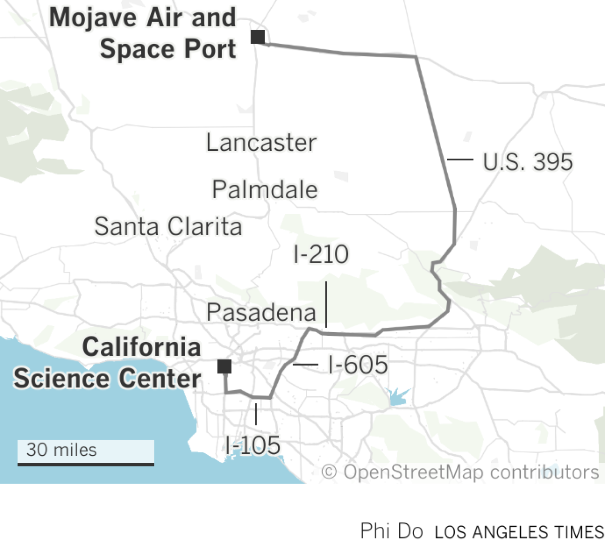 Map showing route of Endeavour's rockets from Mojave Air and Space Port to California Science Center 