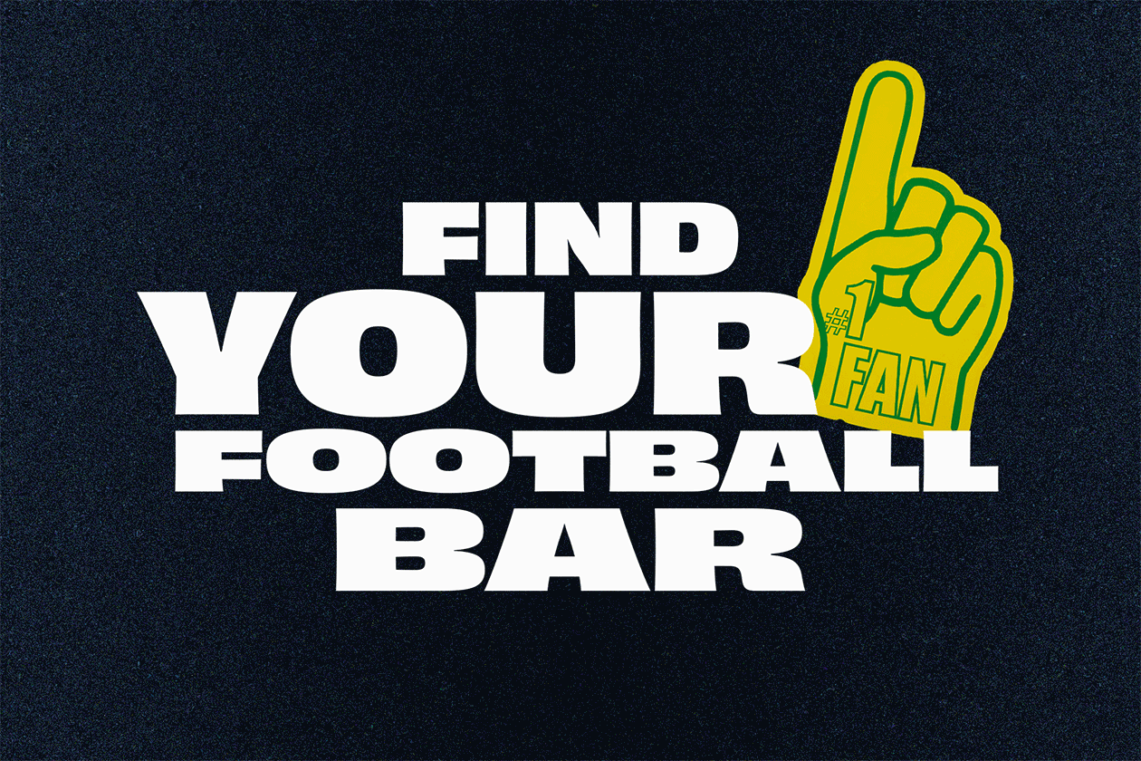 Text that says "find your football bar" with an animated foam finger waving