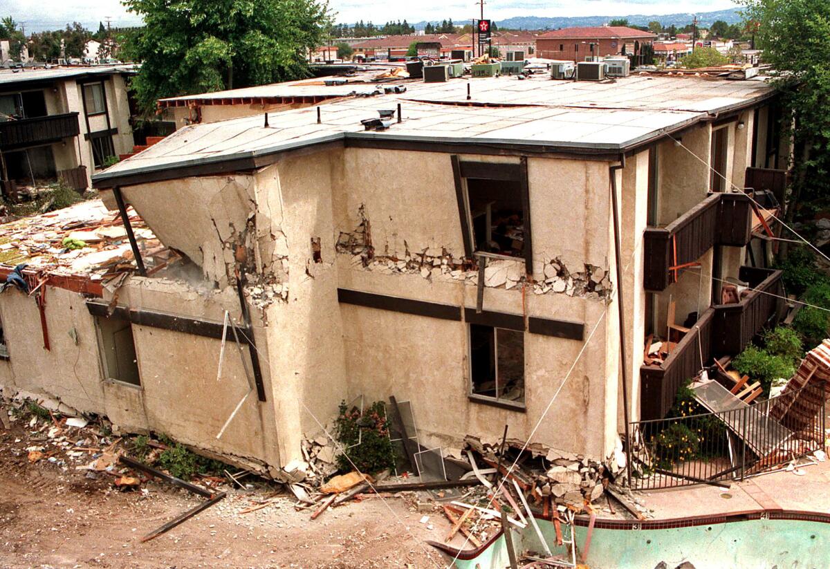 A section of the damaged Northridge Meadows apartment complex after the 1994 earthquake.