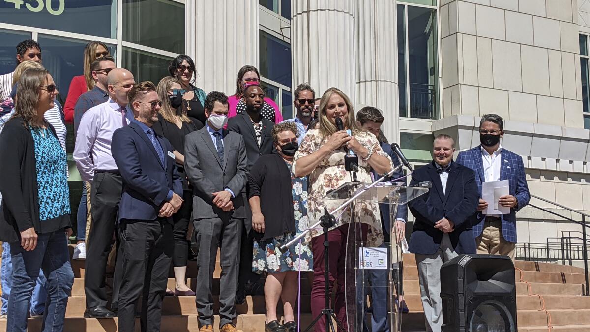 Angie Rice speaks at a press conference Thursday, May 6, 2021, in Salt Lake City, after the Utah Supreme Court ruled in her favor that allowed her and another transgender people to list the sex to which they identify with on their driver's licenses and other state records. (Paighten Harkins/The Salt Lake Tribune via AP)