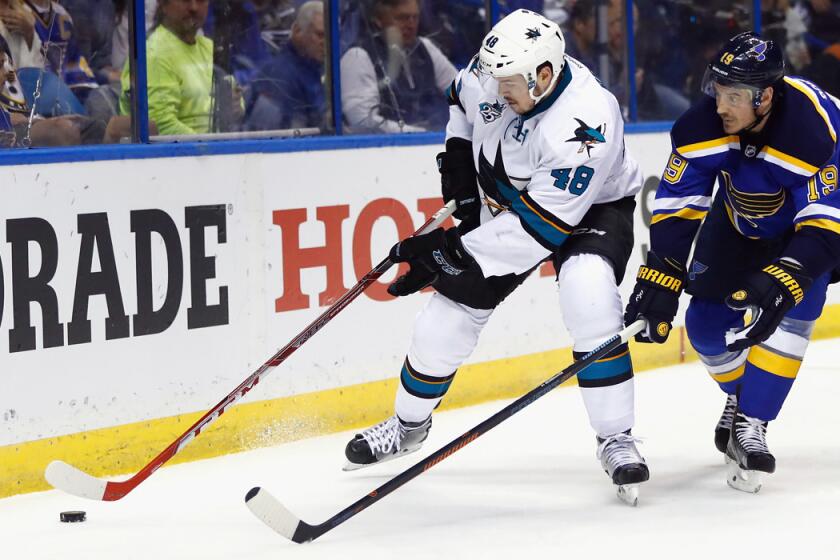San Jose Sharks' Tomas Hertl, left, skates against St. Louis Blues' Jay Bouwmeester during the second period in Game 2 of the Western Conference Final during the Stanley Cup Playoffs on Tuesday.