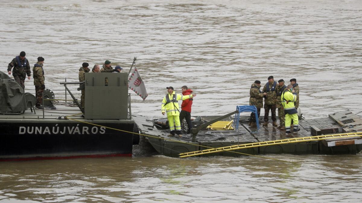 A Hungarian military ship at the search for survivors on the River Danube in Budapest, Hungary, on Thursday.