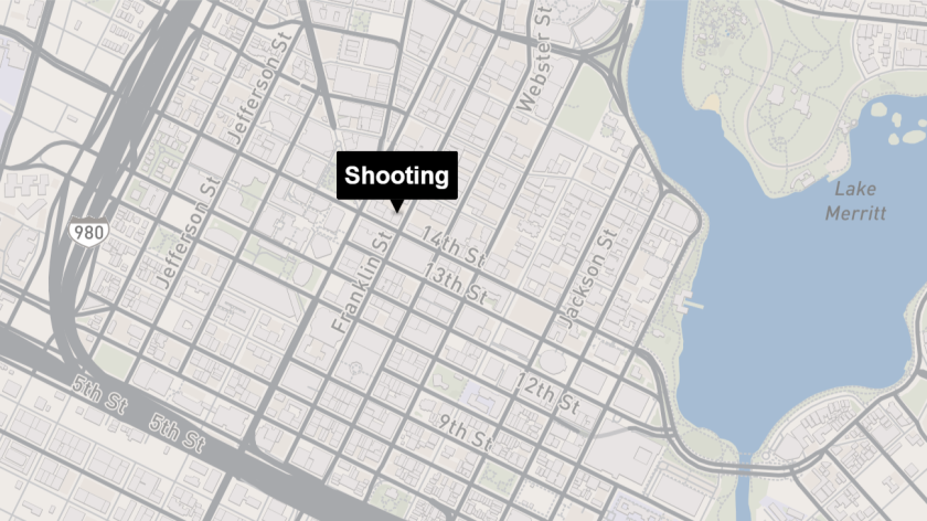 A map showing the approximate location of a shooting in downtown Oakland that left at least eight people injured early Saturday.