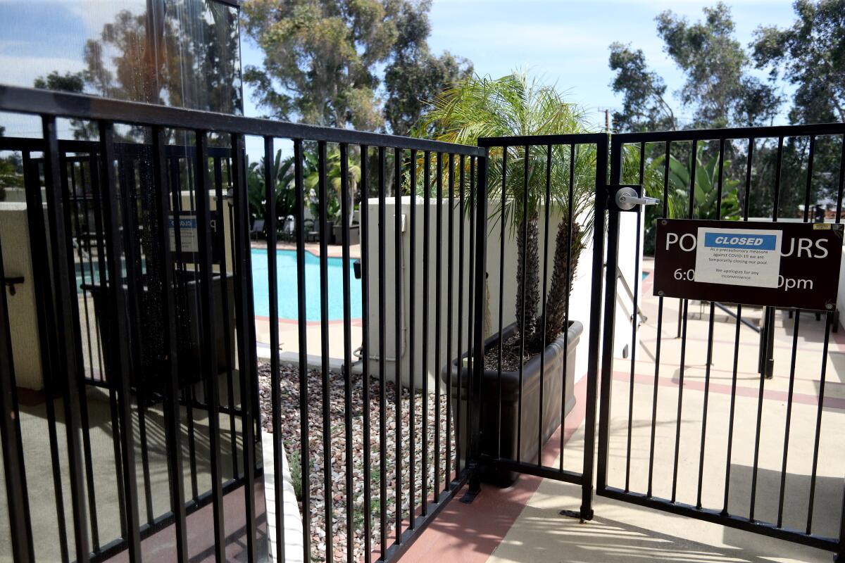 Areas of the Hilton Orange County in Costa Mesa like the pool are closed off due to reduced occupancy and the coronavirus pandemic.