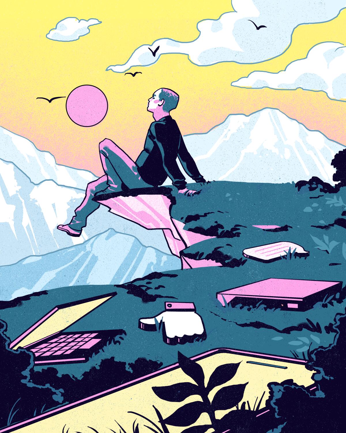 An illustration of a person sitting on a promontory looking out toward a mountainous landscape.