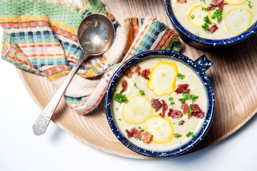 LOS ANGELES, CA-July 11, 2019: Summer Squash and Clam Chowder recipe for Saturday Cooks on Thursday, July 11, 2019. (Mariah Tauger / Los Angeles Times / Prop styling by Nidia Cueva)