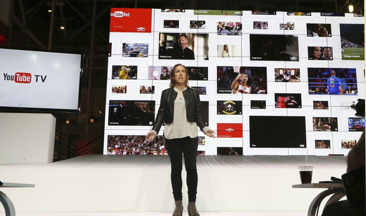 YouTube CEO Susan Wojcicki speaks during the introduction of YouTube TV at YouTube Space LA in 2017.