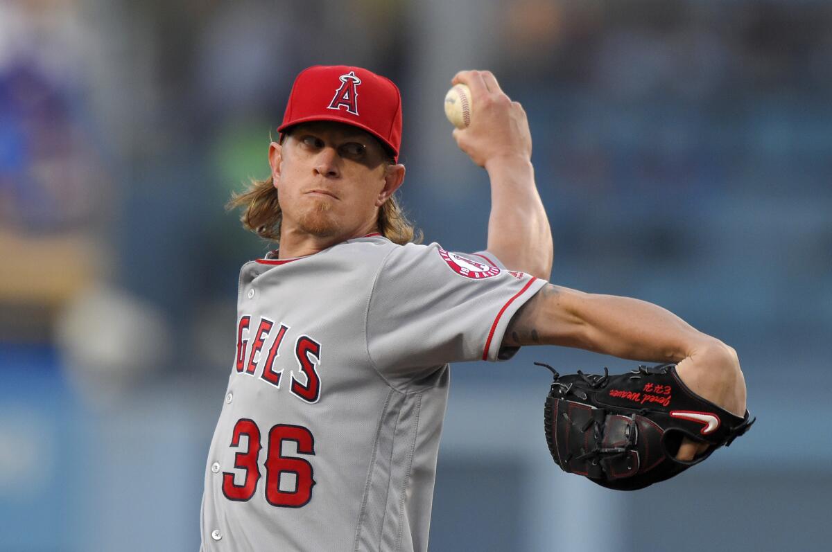 Angels pitcher Jered Weaver gave up 10 hits and four runs with two strikeouts over seven innings Tuesday against the Dodgers.