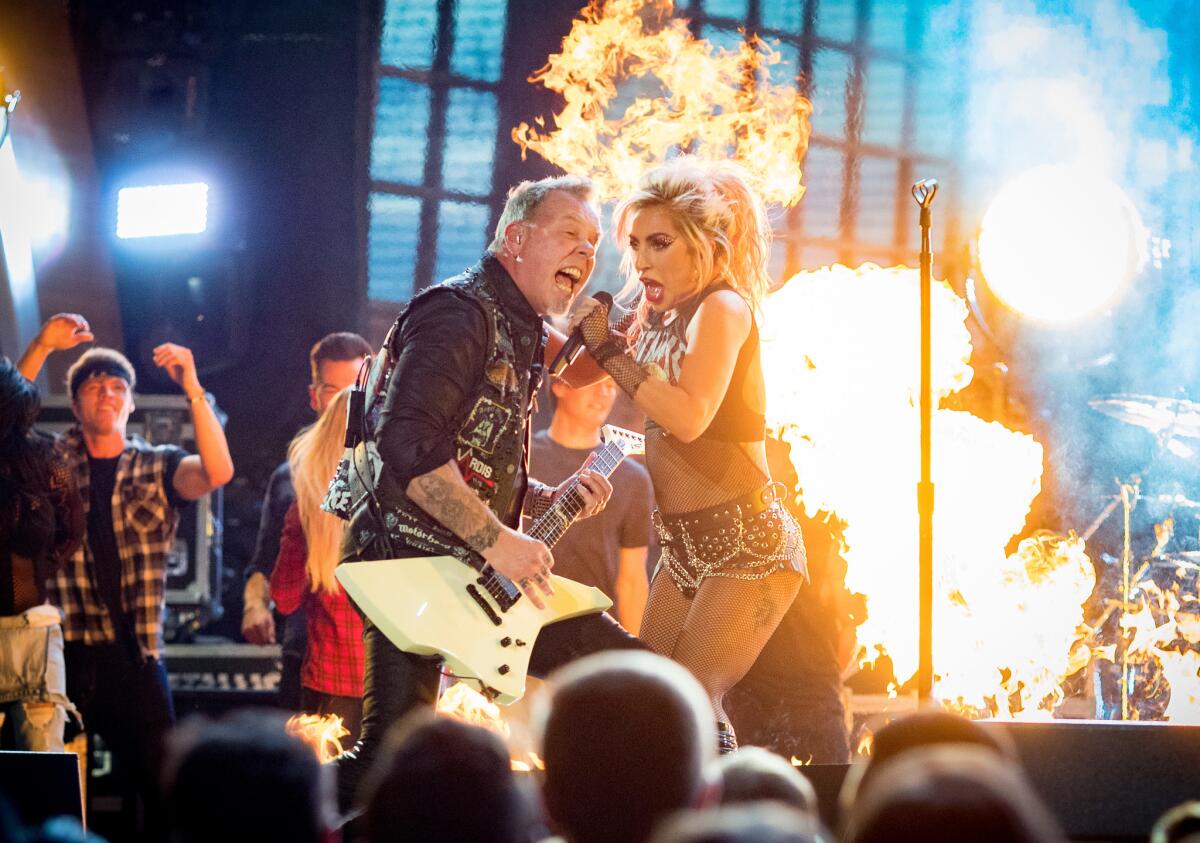 James Hetfield of Metallica and Lady Gaga during the Grammys telecast.