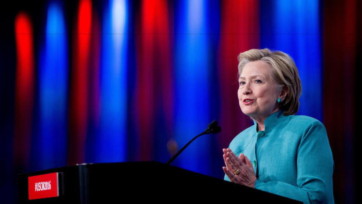 Hillary Clinton speaks at the U.S. Conference of Mayors in Indianapolis on Sunday.