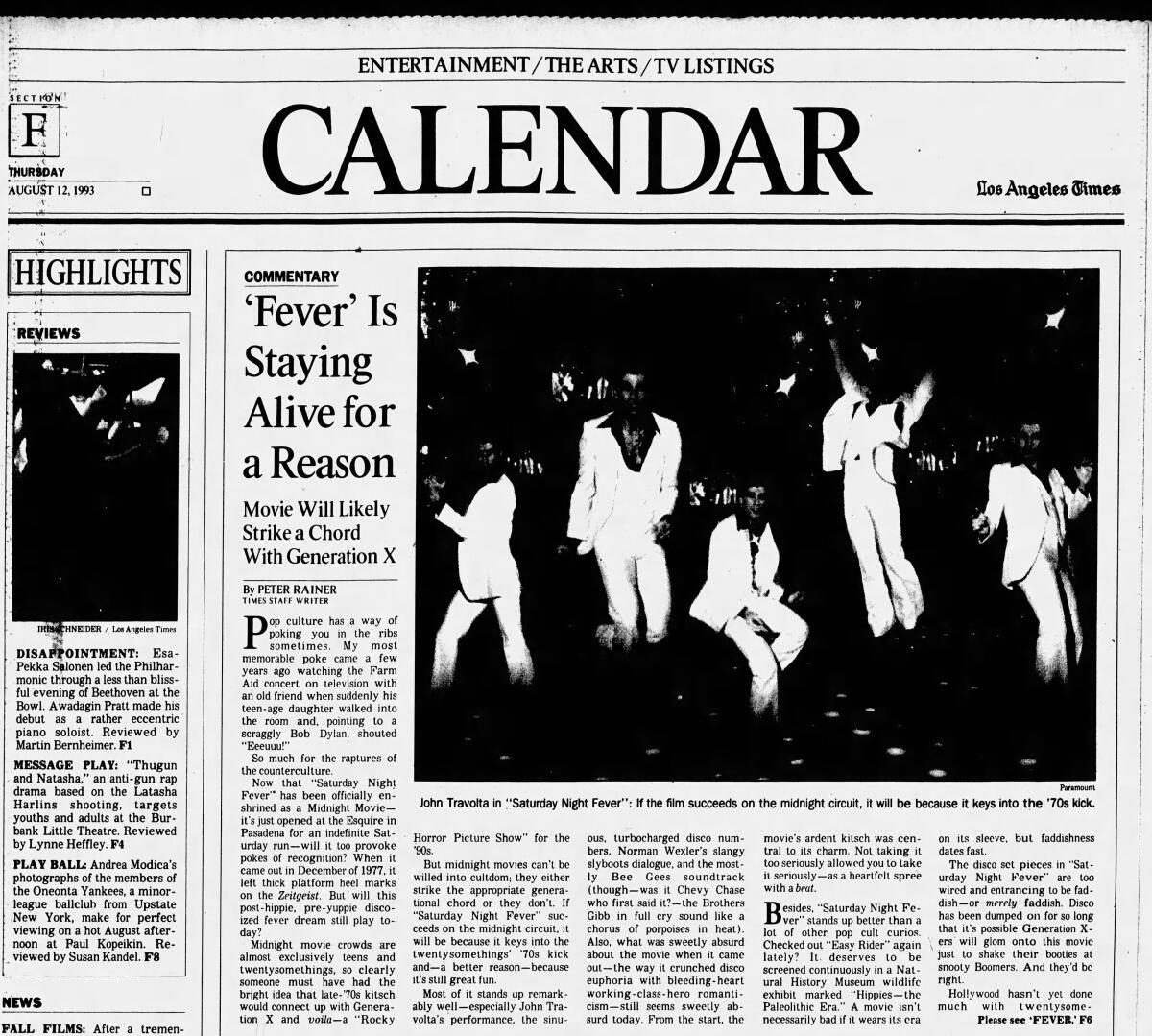 Newspaper clipping from 1993 about the legacy of "Saturday Night Fever"
