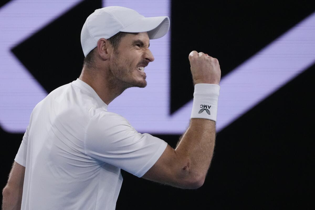 Andy Murray celebrates during his second-round victory over Thanasi Kokkinakis at the Australian Open.