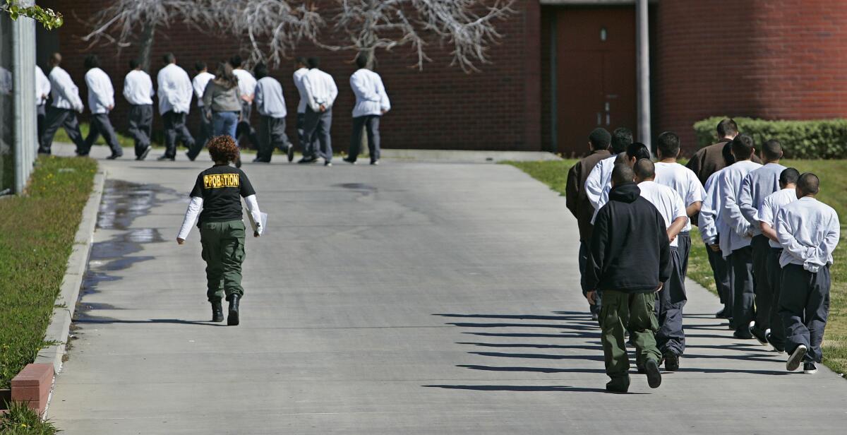 Inmates matching in the yard at Barry J. Nidorf Juvenile Hall in Sylmar in 2007.