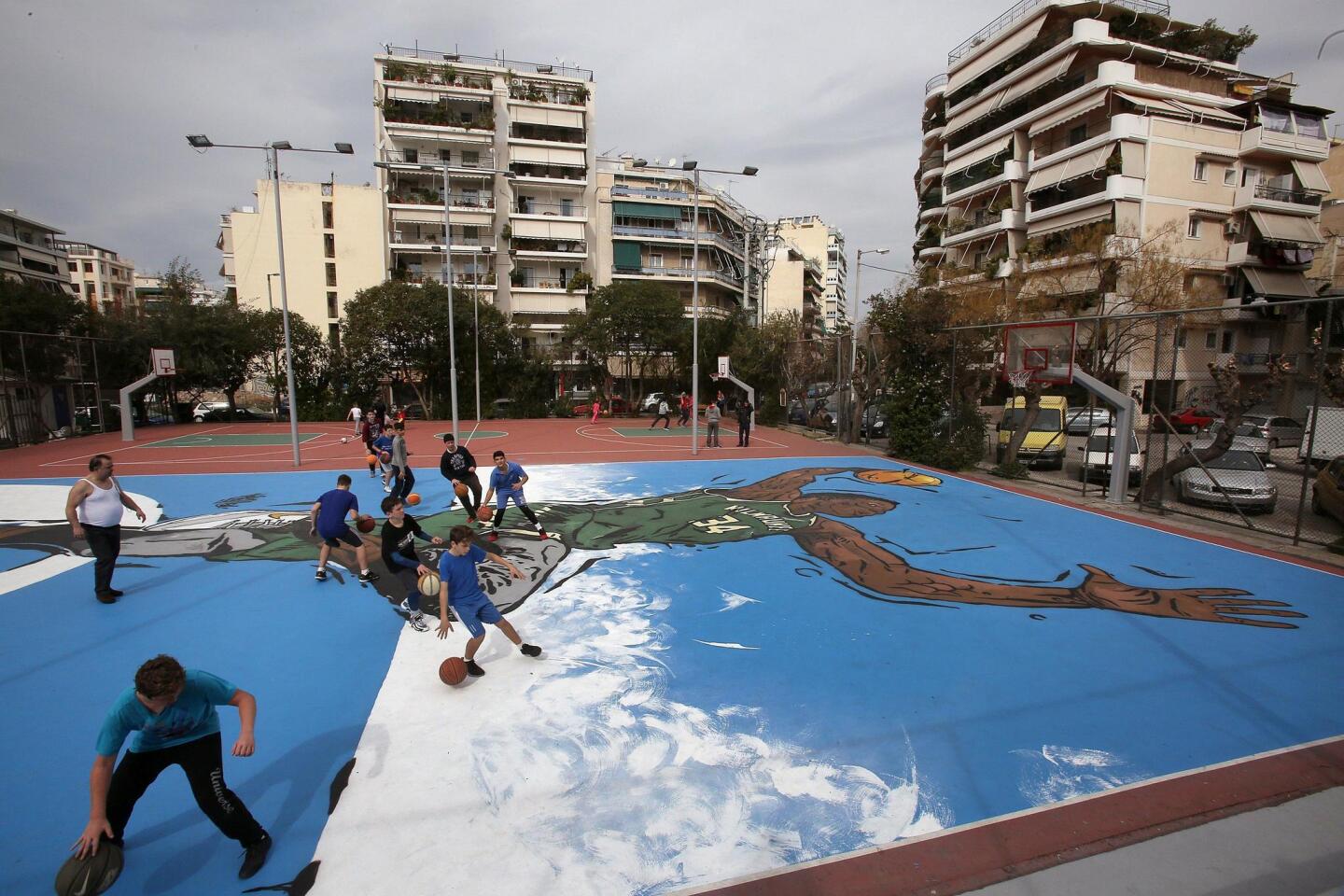 Street art depicting Greek NBA player Giannis Antetokounmpo at his neighborhood in Athens