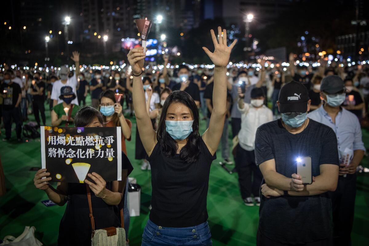An illegal commemoration in Hong Kong on June 4, 2020, to mark the anniversary of the 1989 Tiananmen Square massacre.