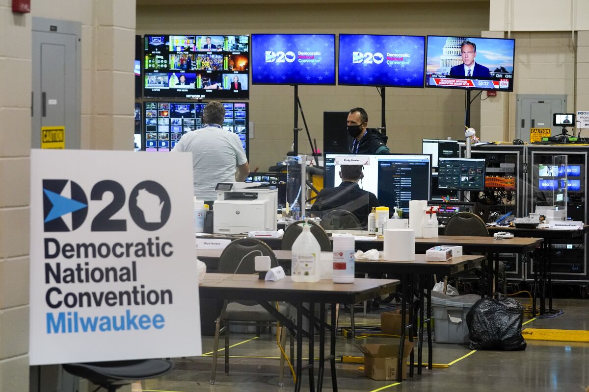 The control room for the Democratic National Convention is seen before the start of the convention Monday, Aug. 17, 2020, in Milwaukee. (AP Photo/Morry Gash)