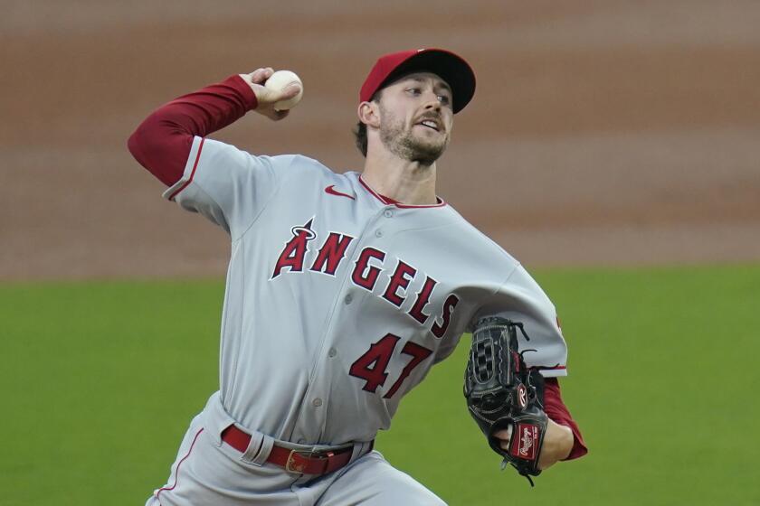Los Angeles Angels starting pitcher Griffin Canning works against a San Diego Padres batter during the first inning of a baseball game Tuesday, Sept. 22, 2020, in San Diego. (AP Photo/Gregory Bull)