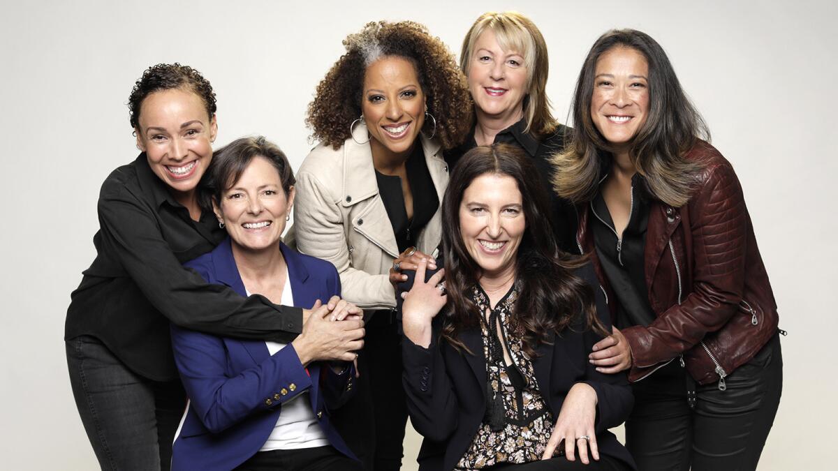 Female directors are finding more opportunity in Hollywood, including on TV's "Jessica Jones." Zetna Fuentes, left, Mairzee Almas, Millicent Shelton, Liz Friedlander (seated), Rosemary Rodriguez, Jet Wilkinson.