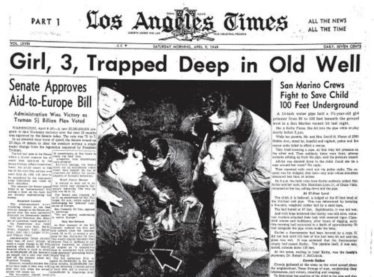 Newspaper front page with the headline "Girl, 3, trapped deep in old well"