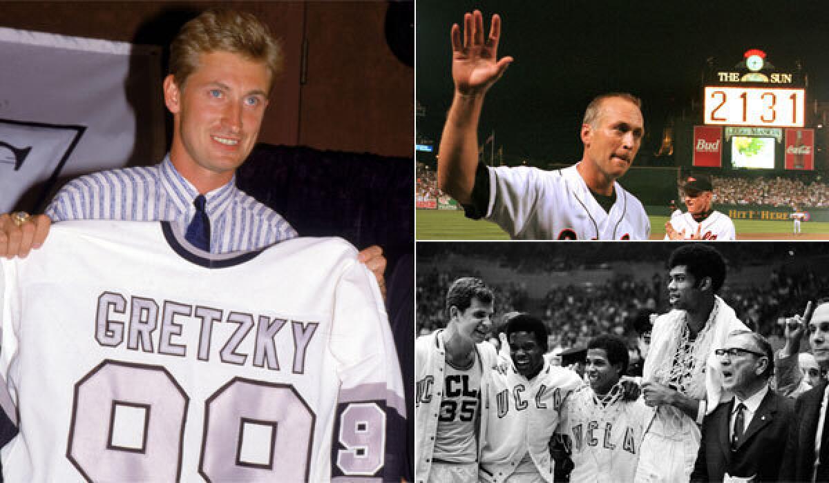 Clockwise from left: Wayne Gretzky amassed a record 2,857 points during his 21-season NHL career; Cal Ripken Jr. takes a lengthy victory lap after breaking Lou Gehrig's record for consecutive games played; Coach John Wooden and UCLA players Mike Lynn, Lucius Allen, Mike Warren and Lew Alcindor celebrate the 1968 national championship.