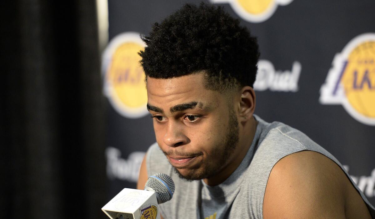 Lakers' D'Angelo Russell speaks during a news conference to discuss the controversy with teammate Nick Young before the start of the game against the Miami Heat at Staples Center on Wednesday.