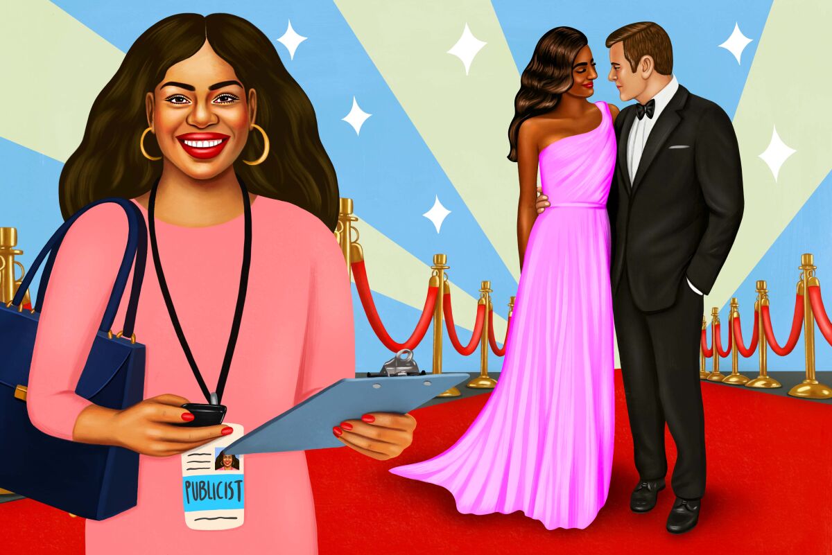 Illustration of a publicist on a red carpet next to glamorous celebrities she represents