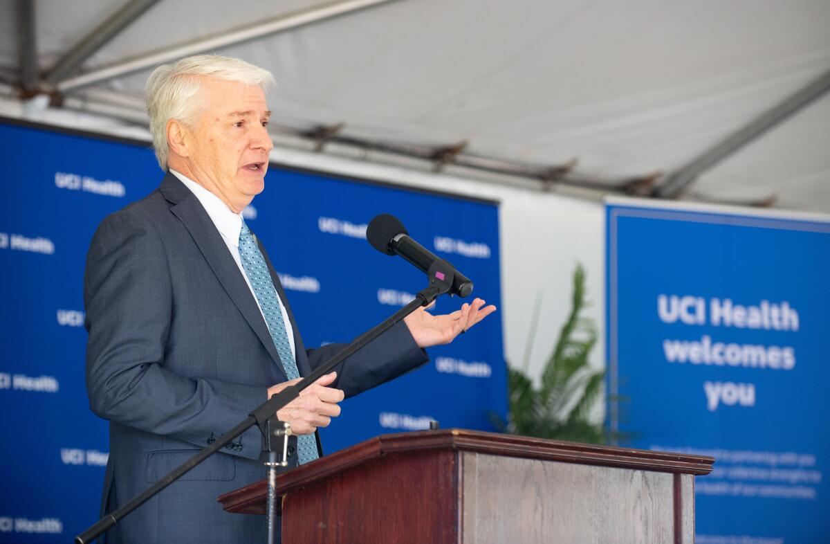 Fountain Valley Mayor Glenn Grandis speaks at Wednesday's ribbon-cutting ceremony.