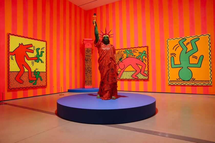 Los Angeles, CA - May 23: Keith Haring, Untitled, 1982; Keith Haring with LA II (Angel Ortiz), Column, 1981; Keith Haring with LA II (Angel Ortiz), Statue of Liberty, 1982; Keith Haring, Untitled, 1982; Keith Haring, Untitled, 1982, left to right, on display in the Keith Haring exhibition at the Broad on Tuesday, May 23, 2023 in Los Angeles, CA. Haring's work pushed boundaries and created work outside traditional art spaces. (Dania Maxwell / Los Angeles Times).