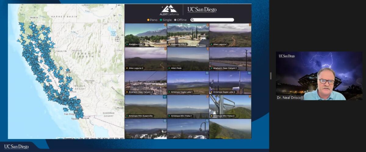 A computer screen during a videoconference displays a map of California, views of rural areas and a man speaking