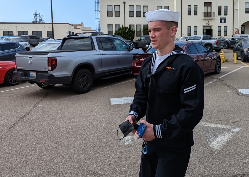 Seaman Recruit Ryan Sawyer Mays leaves a Naval Base San Diego Courthouse Thursday.