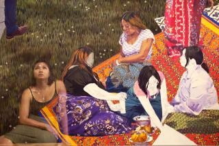 A young Cambodian American woman appears as a ghostly double expsoure before a painting of Cambodian women picnicking