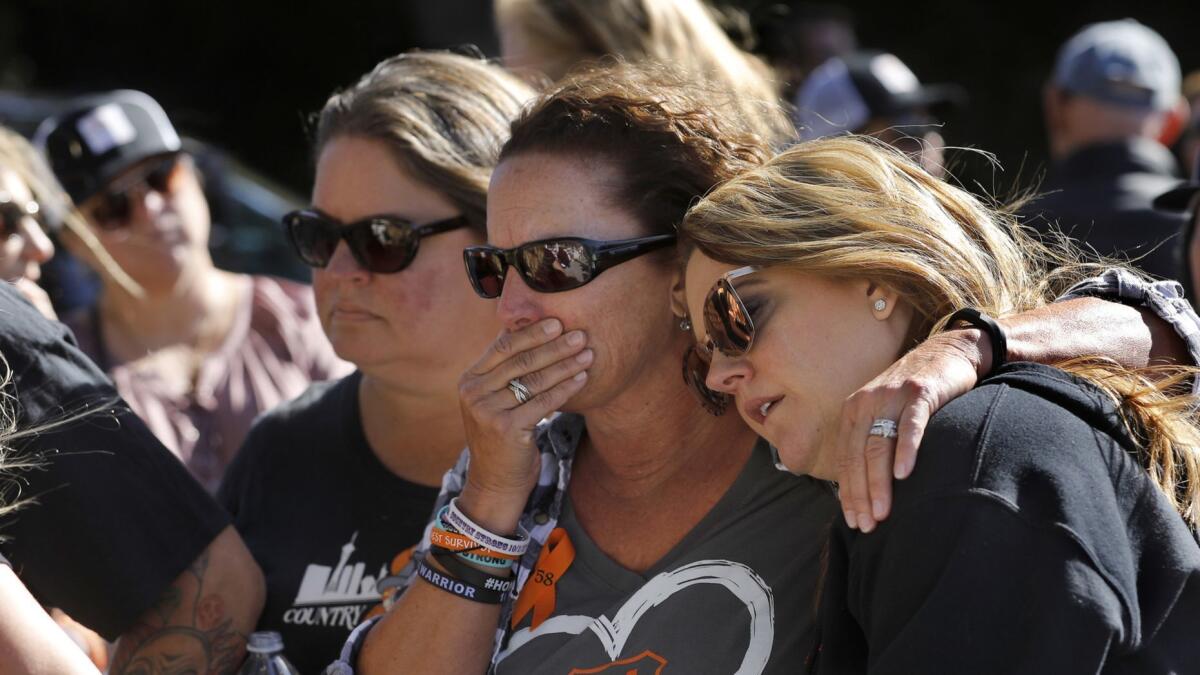 Three survivors of the 2017 Las Vegas massacre gathered in Thousand Oaks Nov. 11 for a memorial for the victims of the Borderline Bar and Grill shooting in that community.