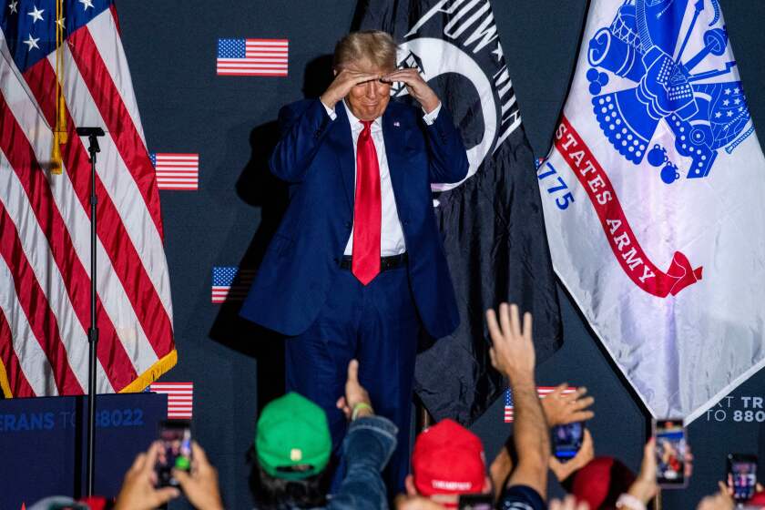 Former US President and 2024 presidential hopeful Donald Trump arrives to speak during a campaign rally at Windham High School in Windham, New Hampshire, on August 8, 2023. (Photo by Joseph Prezioso / AFP) (Photo by JOSEPH PREZIOSO/AFP via Getty Images)