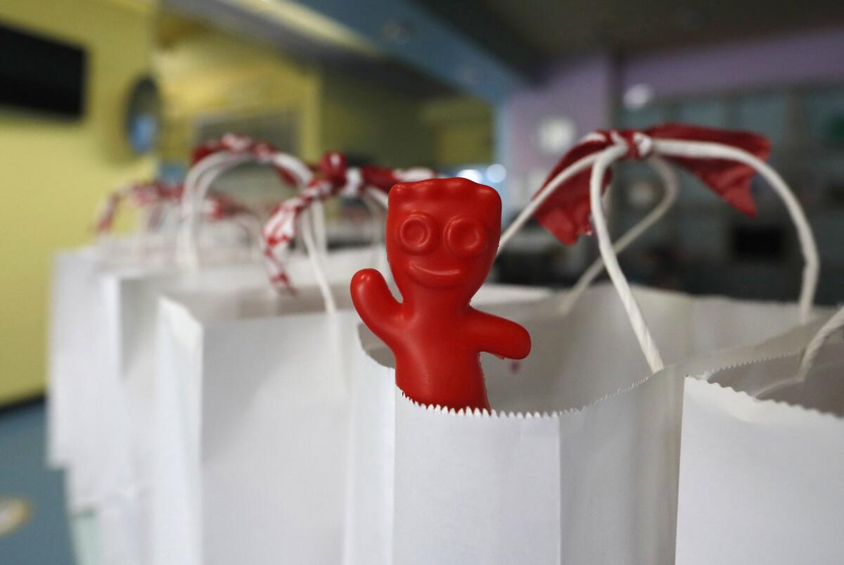 A Gumby figure in a Valentine's Day bag at the Boys & Girls Club of Laguna Beach.
