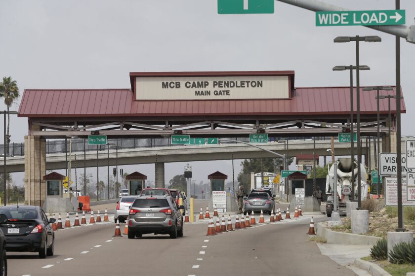 Representative Mike Levin announced Tuesday that more than $185 million of funds for two construction projects at Marine Corps Base Camp Pendleton will be included in the U.S. House of Representatives appropriations bill for the fiscal year 2020. Above, cars enter the base in September 2015.